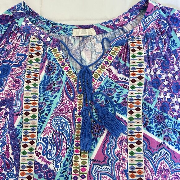 Cupio Womens Large Blue Purple Paisley 3/4 Sleeve Tie Blouse Top Casual - Picture 5 of 8